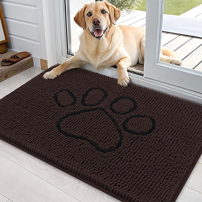 OLANLY Dog Door Mat for Muddy Paws 36x24, Paw Print Design, Absorbs Moisture and Dirt, Absorbent Non-Slip Washable Doormat, Quick Dry Chenille Mud Mat, Entry Indoor Entryway Carpet, Brown and Black