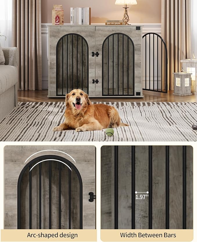 44.1" Wooden Dog Crate Furniture, Indoor Dog Kennel Dogs Cage for Small/Medium/Large Dogs, Heavy Duty Dog Crates Decorative Pet House End Side Table TV Stand, Greige Black DFC83905B