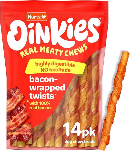 Hartz New Oinkies Bacon Wrapped Twists, Real Meaty Chews with 100% Real Bacon and No Beefhide, 14 Count