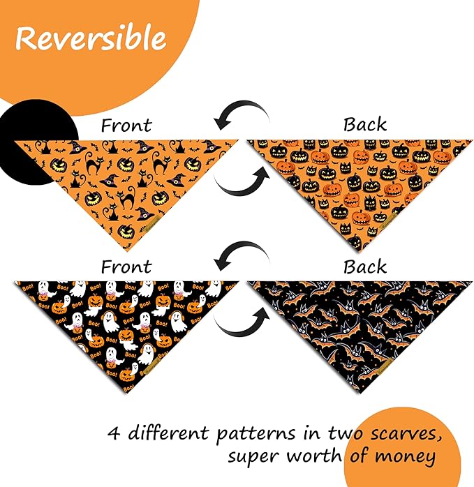 Halloween Dog Bandanas 2 Pack 4 Pattern Bat Pumpkin Pattern Bibs Reversible Washable Durable Fall Scarf for Small and Medium Breed Dogs, Suitable for Boy and Girl (Small)
