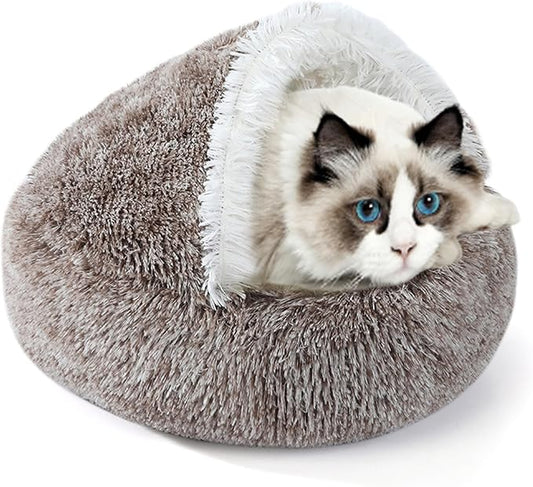 Round Plush Hooded Cat Bed, Cozy Nest Dog Beds, Cats Bed Calming Puppy Doughnut Beds with Cover Cave, Anti-Slip Bottom Washable Pets Sleeping Bag (Coffee, 2XL, 39.4×39.4Inch)