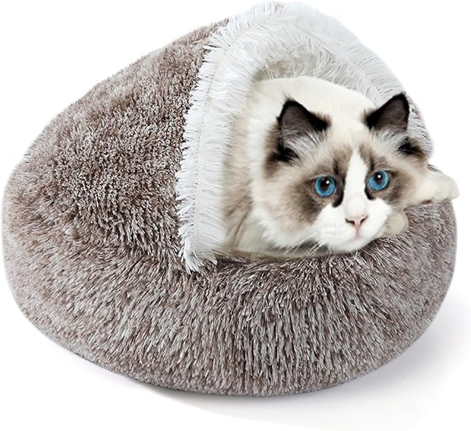 Round Plush Hooded Cat Bed, Cozy Nest Dog Beds, Cats Bed Calming Puppy Doughnut Beds with Cover Cave, Anti-Slip Bottom Washable Pets Sleeping Bag (Coffee, S, 19.7×19.7Inch)