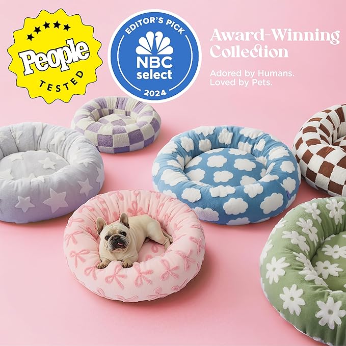 LE SURE Donut Small Dog Bed - Round Cat Beds for Indoor Cats, Washable Calming Pet Beds with Teddy Sherpa Plush & Anti Slip Bottom (Bow Pink Taffy, S Plus (27x27x8))