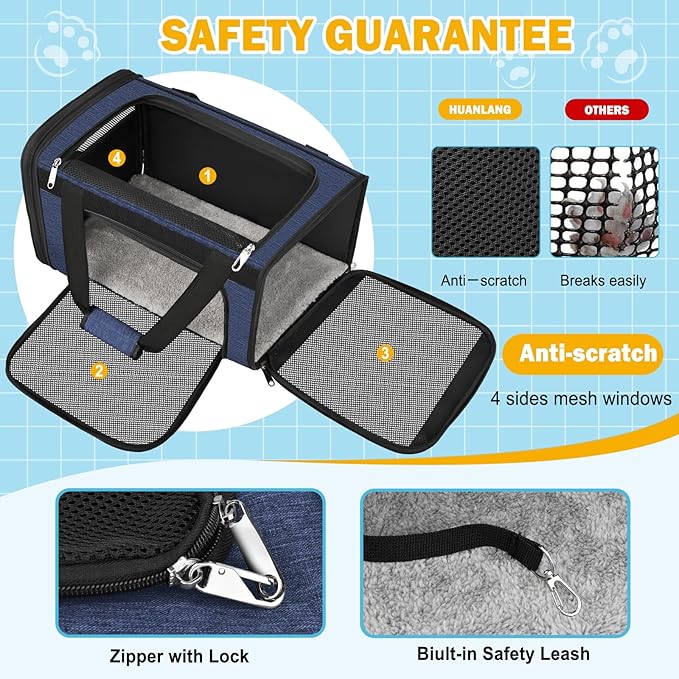 HUANLANG Soft-Sided Cat Carrier Airline Approved,Dog Carriers for Small Dogs Medium Cats,Pet Travel Carrier Up to 20 Lbs,Collapsible Cat Bag