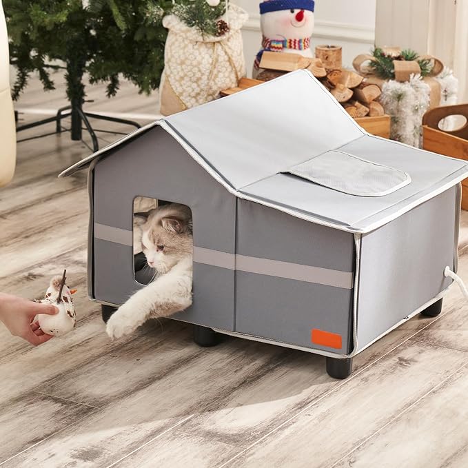 Heated Cat House for Outside Pets in Winter, Heated Outdoor Cat House Weatherproof, Insulated Cat Shelter with Heating Mat