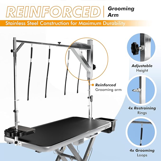 KANIS Professional Electric Dog Grooming Table - Heavy Duty, Height Adjustable Pet Grooming Table w/Leveling Wheels, Grooming Arm, Anti Slip Tabletop & Tool Organizer/Dog Grooming Station (49", Grey)