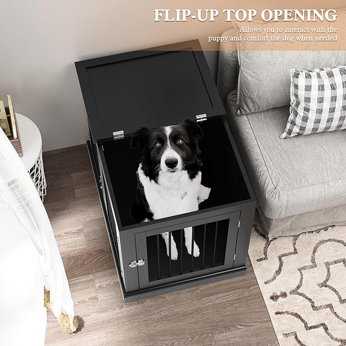 Furniture Style Dog Crate with Cushion, Dog Kennel Medium, Pet Crates, Dog Cage for Small and Medium Dogs, Decorative Dog Kennel with Flip-top Plate, Chew-Proof Metal Bars, Black