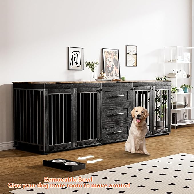 Rophefx 94.5" Dog Crate Furniture for 2 Dogs, Large Dog Kennel Furniture with 3 Storage Drawer, Wooden Dog Cage with 4 Bowls, Indoor Dog House TV Stand with Locks for Large Medium Dog, Black