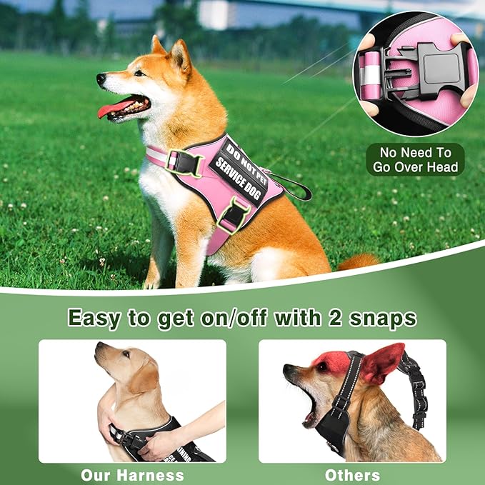 Service Dog Vest Harness and Leash Set+10 Patches,No Pull&Easy Walk Reflective Dog Harness with Soft Padded Handle for Training/Everyday,Fit Small/Medium/Large/Extra-Large Dogs(Pink M)