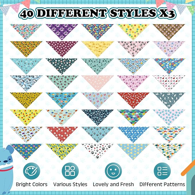 120 Pcs Paw Dog Bandanas Bulk Bone Pet Bandanas Dog Handkerchiefs Summer Scarf Bibs Triangle Bibs Adjustable Kerchief Pet Grooming Costume Accessories