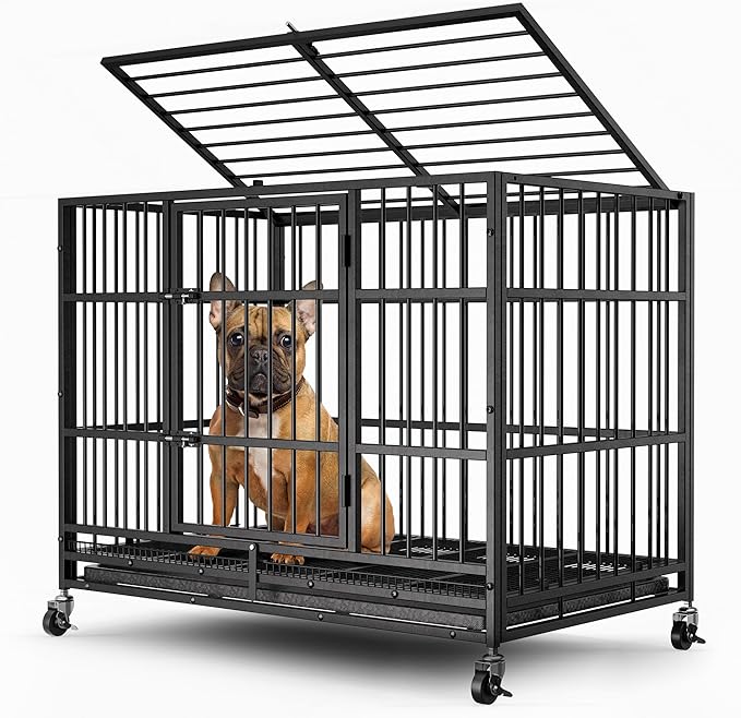 38" Heavy Duty Dog Crates for Small Dogs, Escape Proof, Upgraded 4 Lockable Wheels, Removable Door, Dog Kennel Indoor, Max Load 300Lbs, Easy to Clean, Medium Dog Crate for High Anxiety Dogs