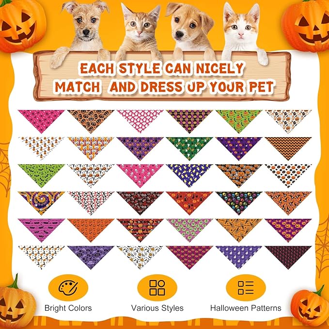 72 Pcs Halloween Dog Bandanas Bulk Pumpkin Triangle Scarf Cat Bibs Puppy Scarf Pet Bandanas Photo Props Accessories for Puppy Cat Halloween Birthday Party Costume