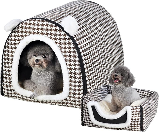 Dog Bed or Cat Bed,2 Ways to Use,Indoor Pet House with Fluffy Mat,Removable and Washable Cover,Non-Slip Bottom,for Medium Dogs and Cats(L Brown Cranes)