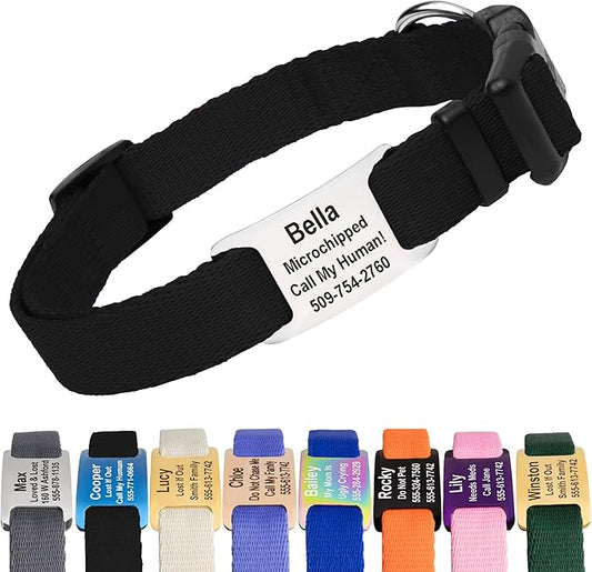 GoTags Personalized Dog Collar with Nameplate, Adjustable Dog Collar with Custom Engraved Slide On Pet ID Tag in Stainless Steel, Silent, No Noise Dog Tag for Large Medium and Small (Black, X-Small)