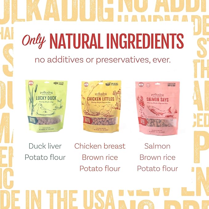 Polkadog Crunchy Training Bits Variety 3-Pack – Includes Chicken Littles, Lucky Duck, Salmon Says – All Natural Training Treats, Handcrafted in USA. Great for Dogs with Allergies – 7oz (Pack of 3)
