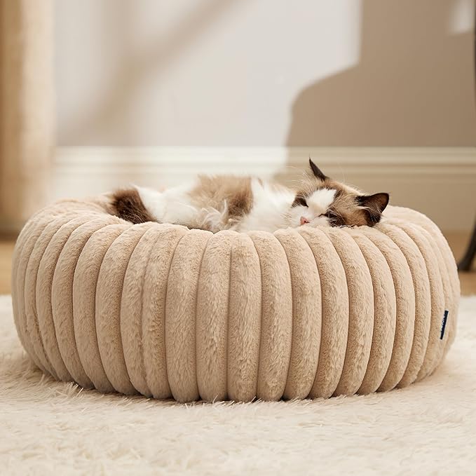 Bedsure Cat beds for Indoor Cats - Donut Dog Beds for Small Dogs with Corduroy Fleece & Anti Slip Bottom, Faux Fur Pet Beds with Washable Removable Cover, Sandy Beige, 20x20x6 inches