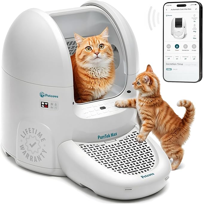 Petcove Self Cleaning Automatic Litter Box for Multi Cat - XL 65L Drum/Ultra Quiet 30-35dB Operation / 5 Safety Sensors/Easy App Control with Ultra Fast 5 GHz WiFi - Includes Ramp & 15 Litter Bags