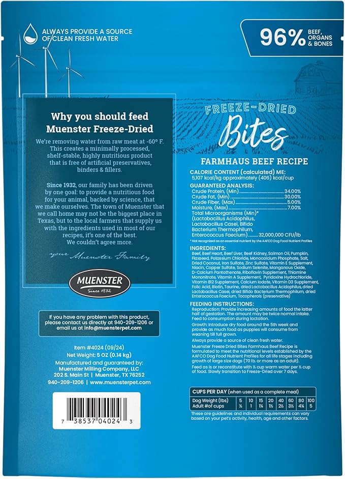 Muenster Freeze Dried Beef Bites - Dog Food, Treat, Mixer or Topper (5oz) - Grain-Free