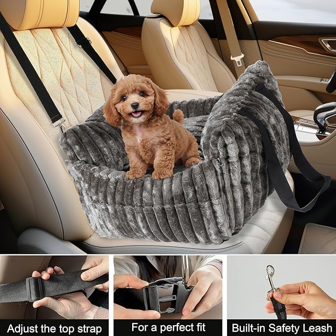 Dog Car Booster Seat, for Small Dogs Under 30 lbs, Detachable Washable Travel Bed with Storage Pockets and Safety Belt (Coffee, Medium)
