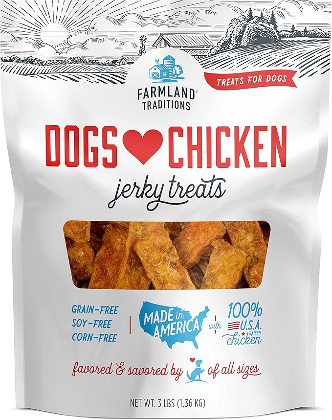 Farmland Traditions Dogs Love Chicken Jerky Dog Treats, Premium Two-Ingredient Dog Jerky with USA-Raised Chicken, 3-Pound Bag