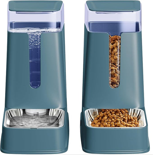 Cat Food Dispenser and Cat Water Dispenser Set with Stainless Steel Bowls Gravity Dog Feeder for Small Medium Big Cat Dog Pet Puppy Kitten, 1 Gallon x 2