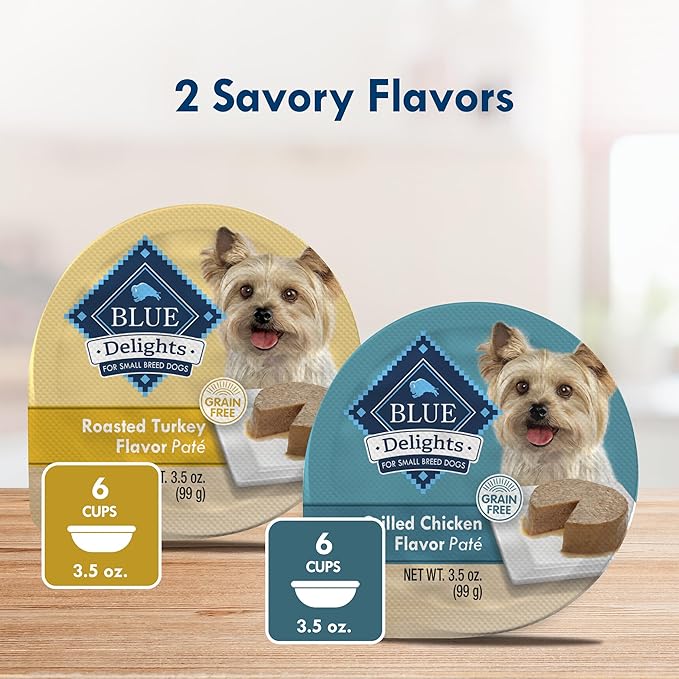Blue Buffalo Delights Small Breed Natural Wet Dog Food Variety Pack, Roasted Turkey Paté and Grilled Chicken Paté, 3.5-oz Cups, 12 Count