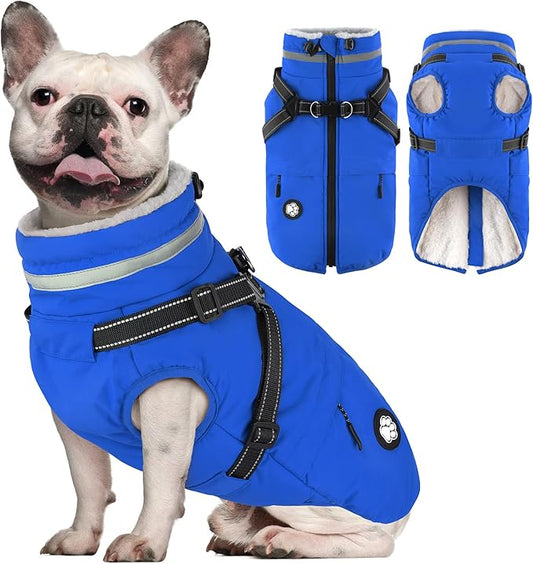 Dogcheer Dog Coat, Waterproof Dog Winter Jacket with Harness, Reflective Adjustable Doggy Cold Weather Coats, Christmas Pet Fleece Snowsuit for Small Medium Large Dogs - Blue, M