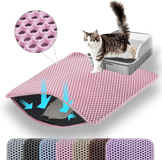 Cat Litter Mat, 24x18 Inches Large Double Layer Honeycomb Cat Litter Trapping Mat, Non Slip Waterproof Urine Proof Cat Litter Box Mat for Floor, Kitty Litter Rug, Cat Supplies, Pink