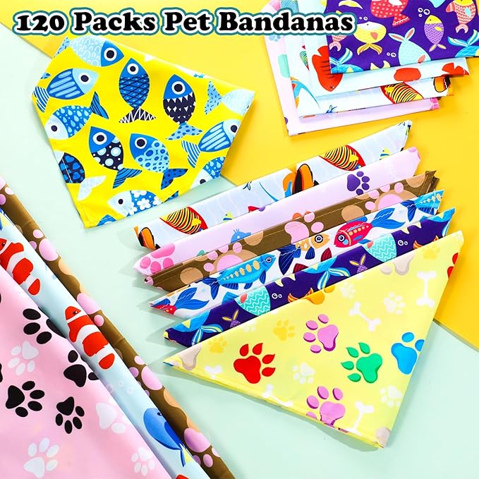 120 Pcs Paw Dog Bandanas Bulk Bone Pet Bandanas Dog Handkerchiefs Summer Scarf Bibs Triangle Bibs Adjustable Kerchief Pet Grooming Costume Accessories