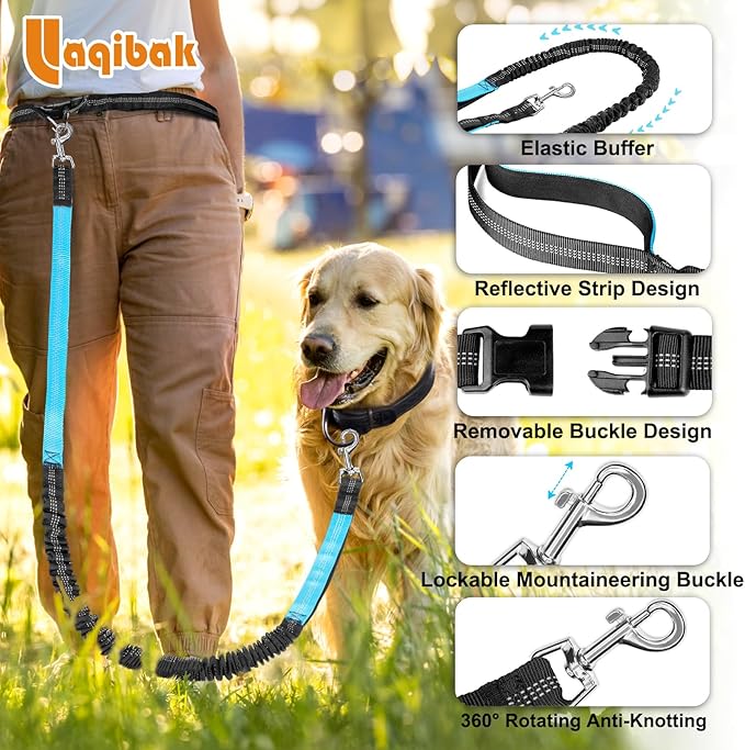 Hands Free Dog Leash, Adjustable Waist Leash for Dog, Handle Bungee 4.2-6.7 Feet Long with Reflective Stitches for Walking Hiking Running, Fits 26"- 43" Waist, Black & Blue