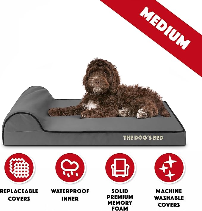 The Dog’s Bed Orthopedic Headrest Dog Bed Med Grey/Black, Memory Foam, Pain Relief: Arthritis, Hip & Elbow Dysplasia, Post Surgery, Lameness, Waterproof Washable Cover