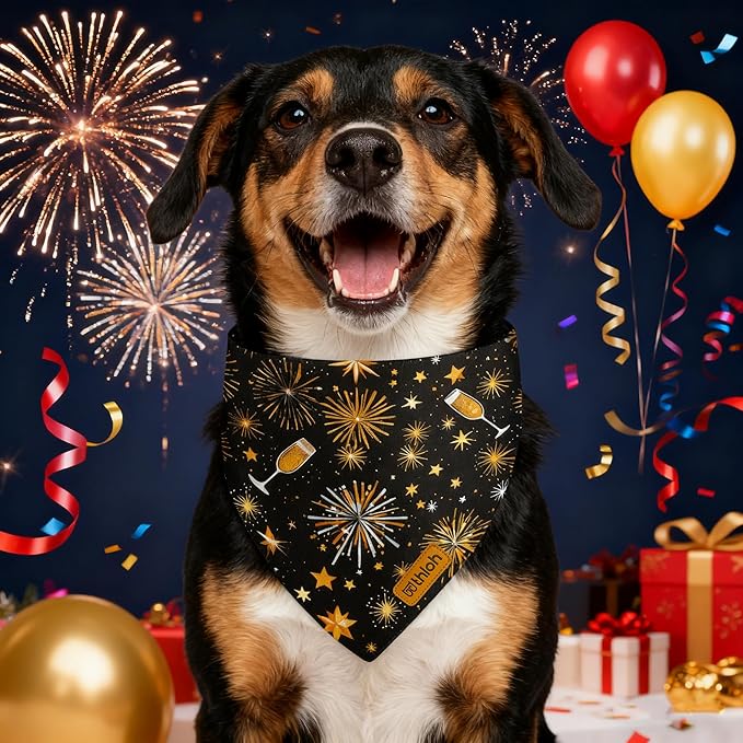 Happy New Year Dog Bandanas with Snap Button, 2 Pack Adjustable Bandanas for Small, Medium, and Large Dogs, Pet Scarf for Holiday Costume Accessory & Photo Shoot (Small)