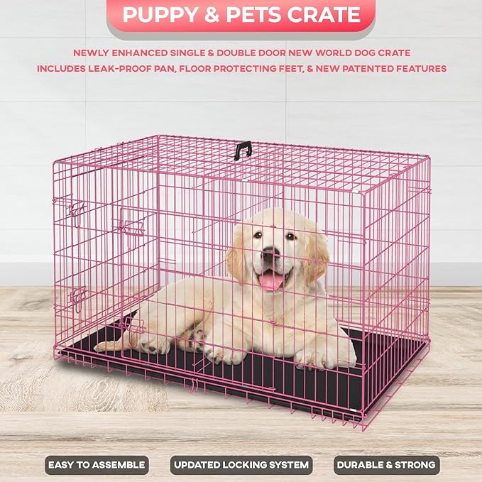 FDW Dog Crate for Medium Dogs 30 Inch Folding Metal WirePet Cage Double Door W/Divider Panel Indoor Outdoor Kennel Leak-Proof Plastic Tray,Pink
