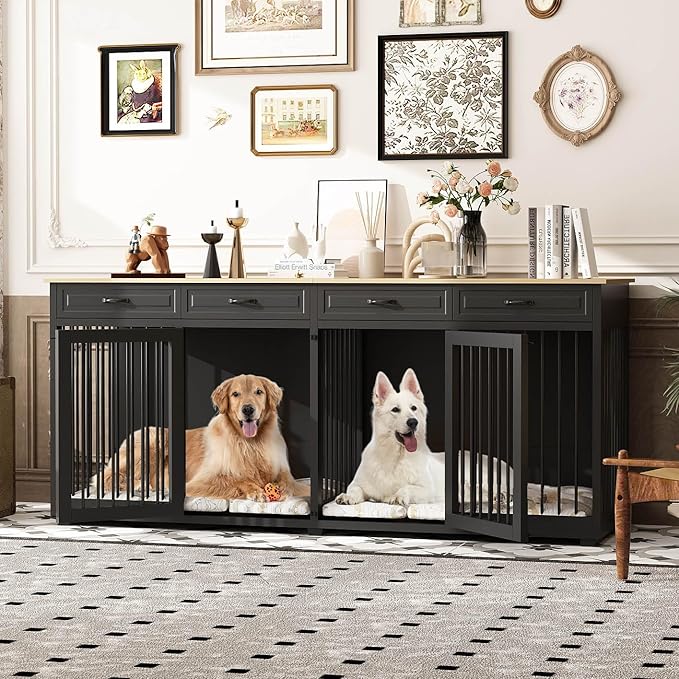 Extra Large Dog Crate, 86.6" Heavy Duty Wooden Dog Cage Furniture Dog Crate Kennel with Drawers & Removable Divider,Indoor Luxury Dog House with Double Rooms for XL L Breed Dogs, Black