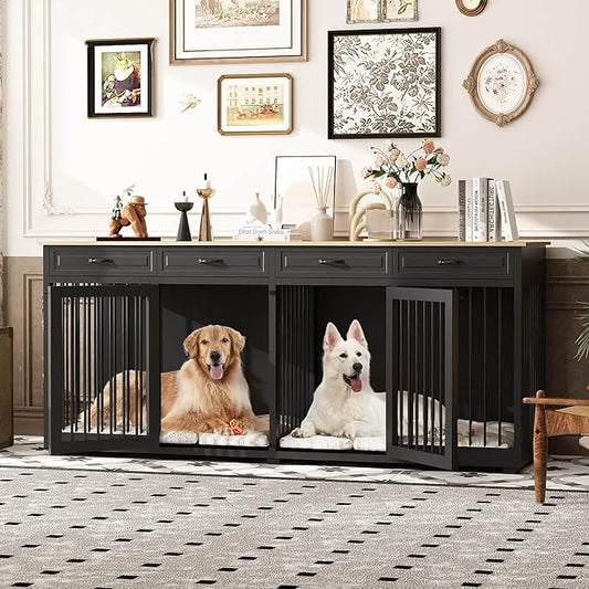Extra Large Dog Crate, 86.6" Heavy Duty Wooden Dog Cage Furniture Dog Crate Kennel with Drawers & Removable Divider,Indoor Luxury Dog House with Double Rooms for XL L Breed Dogs, Black