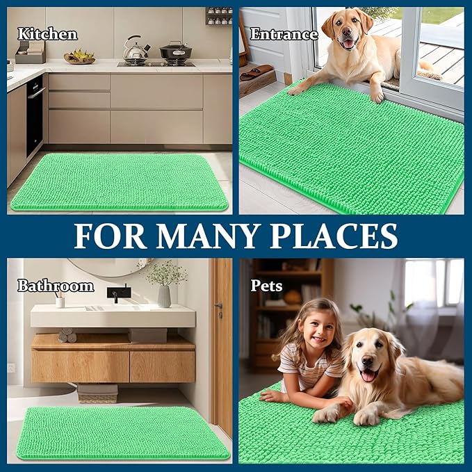 OLANLY Dog Door Mat for Muddy Paws 30x20, Absorbs Moisture and Dirt, Absorbent Non-Slip Washable Doormat, Quick Dry Chenille Mud Mat for Dogs, Entry Indoor Entryway Carpet for Inside Floor, Mint Green