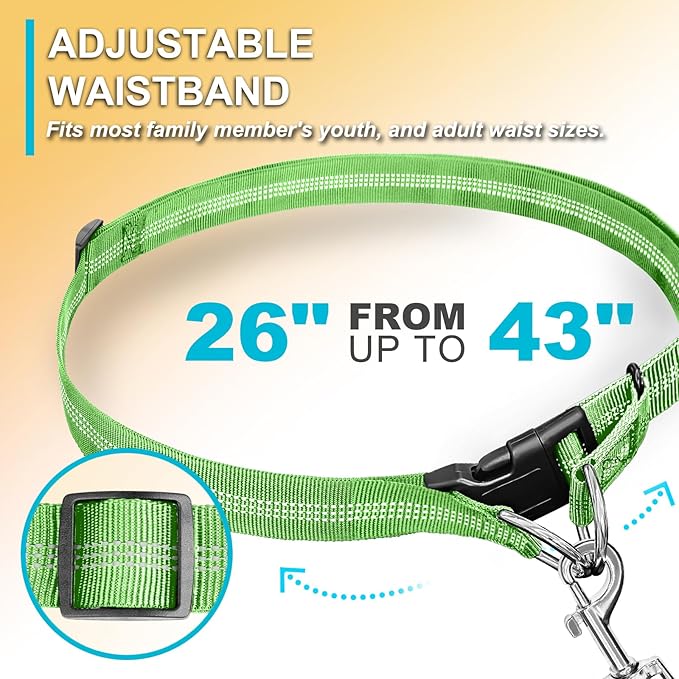 Hands Free Dog Leash, Adjustable Waist Leash for Dog Walking, Dual Bungee Dog 4.2-6.7 Feet Long with Reflective Stitches for Walking Hiking Running, Fits 26"- 43" Inch Waist, Green