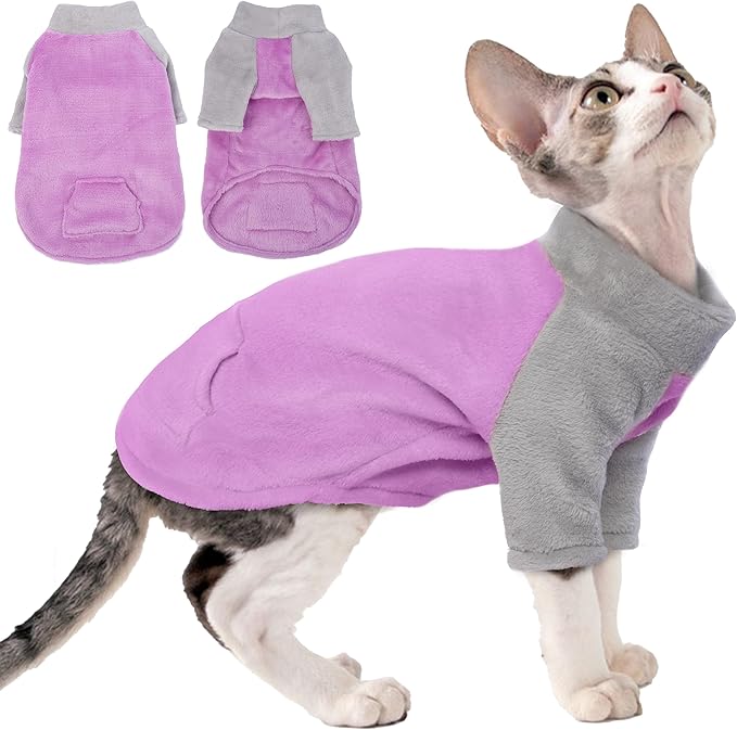 PUMYPOREITY Turtleneck Sweater for Sphynx Cat, Soft Coral Fleece Cat Clothes, Thick Winter Warm Outfit Coat with Sleeves, XS, Purple