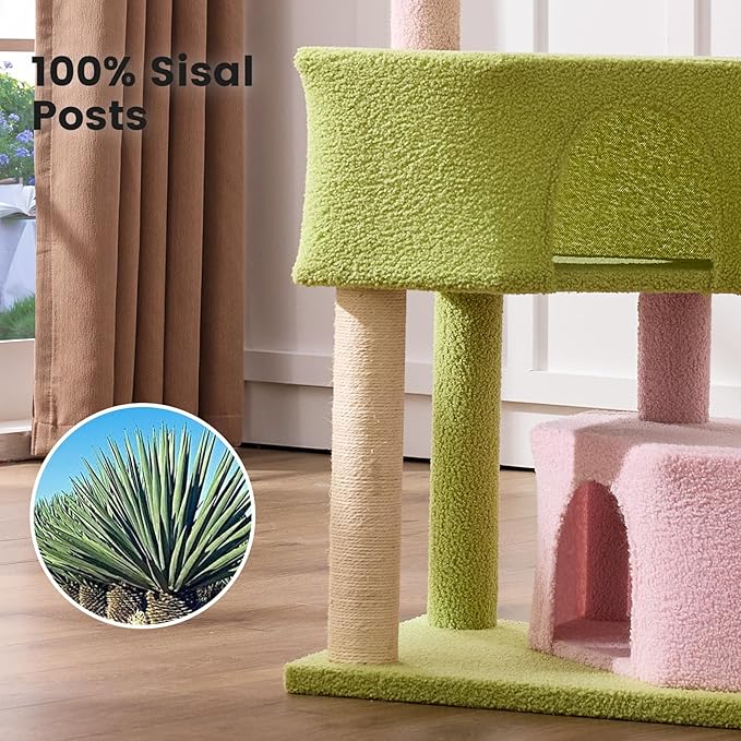 Gardner Pet 41" Tall Pink&Green Cat Tree for Medium-Large Cats, Heavy Duty Cat Tower with 2.8in Posts & Washable Top Perches, Space-Saving Cat Furniture for Apartments, Easy to Assembly
