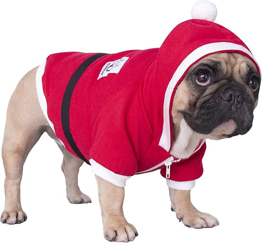 iChoue Santa Claus Father Christmas Dog Costumes Clothes Hoodies for French Bulldog Cold Weather Winter Coats Frenchie English Pug Boston Terrier - Red/Large Plus
