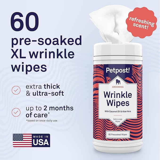 Petpost XL Wrinkle Wipes for Dogs | 60 Count Large 5x7 Dog Face & Wrinkle Cleaner | Gentle Pet Wipes with Coconut Oil & Aloe for Bulldogs, Pugs & Wrinkly Breeds | Dog Cleaning Wipes