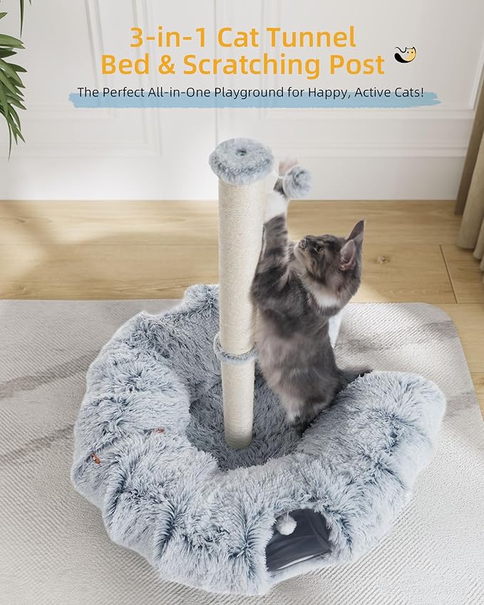 34'' Tall Cat Scratching Post with Tunnel Bed for Indoor Adults, Large Donut Tunnel, Fluffy Plush Peekaboo Cat Cave, Multifunctional Playground for All Cats