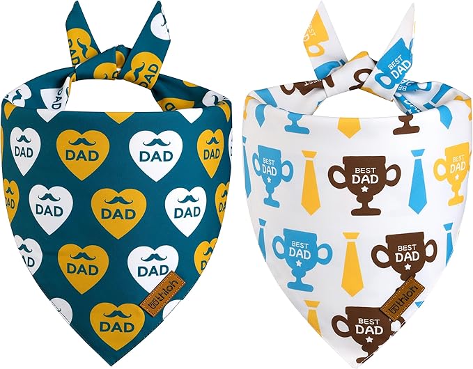 Fathers Day Dog Bandanas - 2 Pack Reversible I Love My Dad Pet Scarf for Boy and Girl | Premium Durable Fabric | Adjustable Bandana for Small Medium Large and Extra Large Dogs (Large)