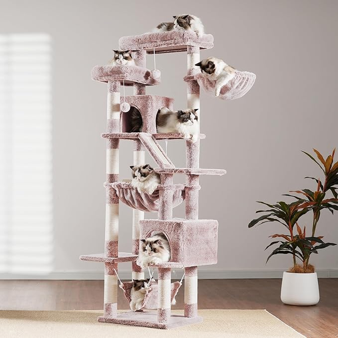 Heybly Cat Tree, 71-Inch-Tall Tower for Indoor Cats with 2 Perches, 2 Big Condos, 2 Hammocks, Basket, Scratching Pad, Large Cat Furniture and Condo, Mushroom HCT034MU