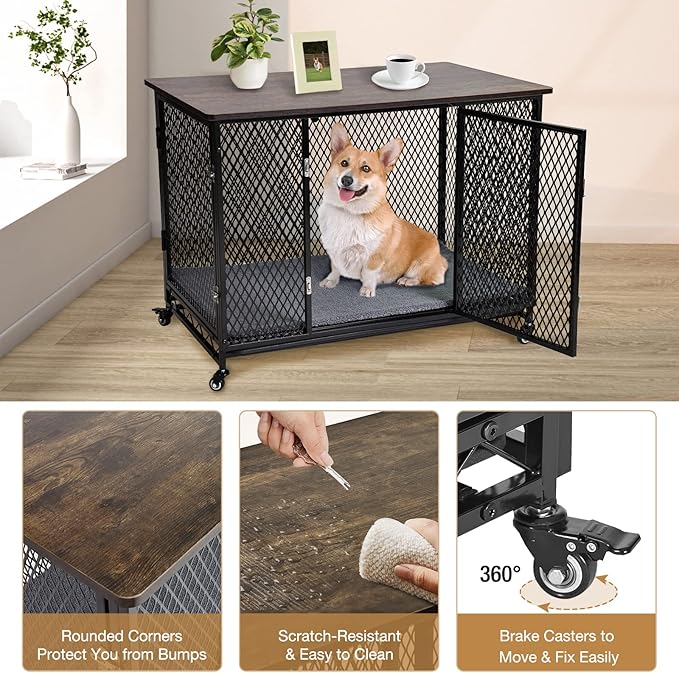 Dog Crate Furniture with Cushion, Wooden Dog Crate Table, Modern Kennel for Dogs Indoor, Heavy-Duty Dog Cage with Multi-Purpose Removable Tray, 38.7" L