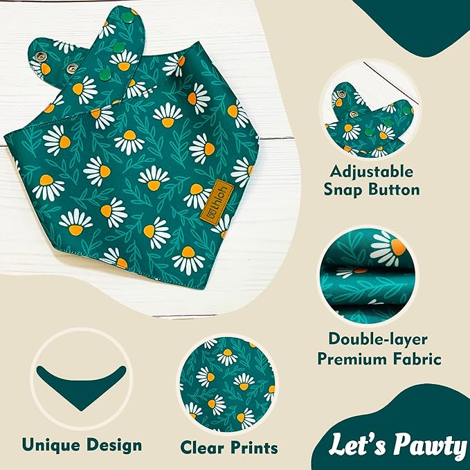 Spring Dog Bandanas with Snap Button, 2 Pack Floral Dog Scarf for Boy & Girl, Premium Durable Fabric, Adjustable Fit, Unique Shape, Gift for Dogs, Daisy Bandana for Small Dogs (Small)