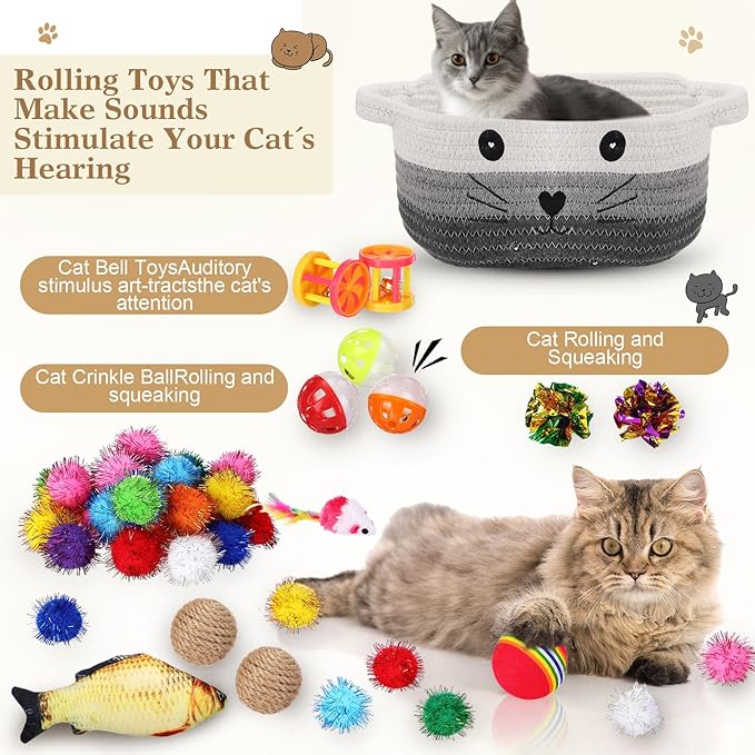Zopeal 58 Pcs Cat Storage Basket Gift Toys Set, Colorful Flashing Balls Pet Bell Crinkle Balls Spring Toys Attract Cat to Swat, Bite, Hunt, Interactive for Pet(Multicolor,9.8 Inch)