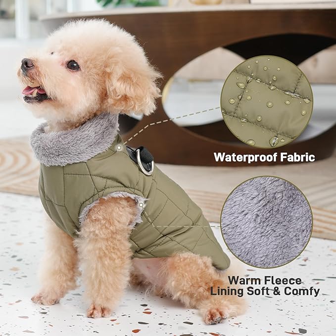 Warm Fleece Dog Coats with Durable Harness Buitl in D-Ring,Waterproof Puppy Jacket for Small Dogs,Dog Vest for Cold Winter,Green M