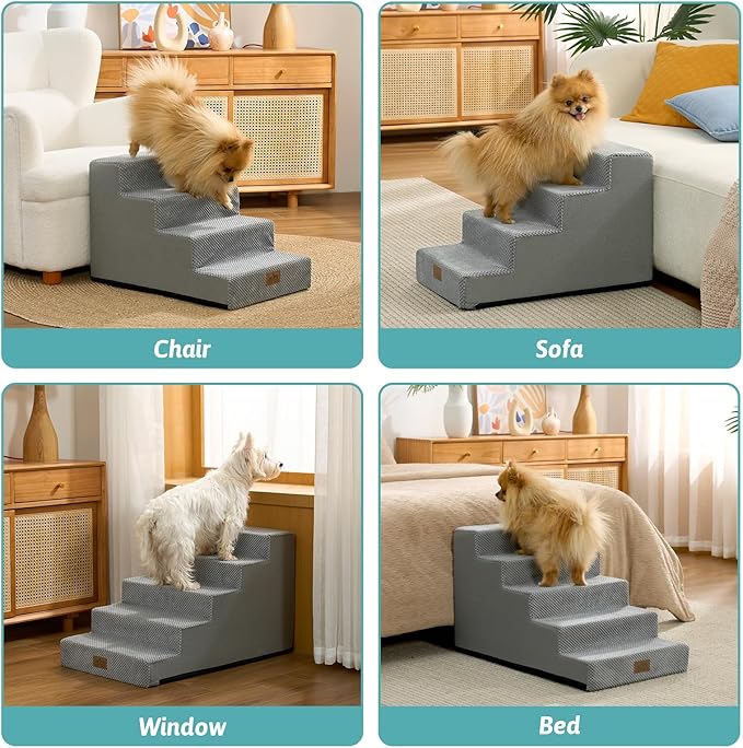 Slope Dog Stairs for Small Dogs 15.7" H, Pet Steps for Couch Sofa Chair with Washable Cover, Non-Slip Indoor Ramp for Puppy Older Cats, 4 Step, Grey