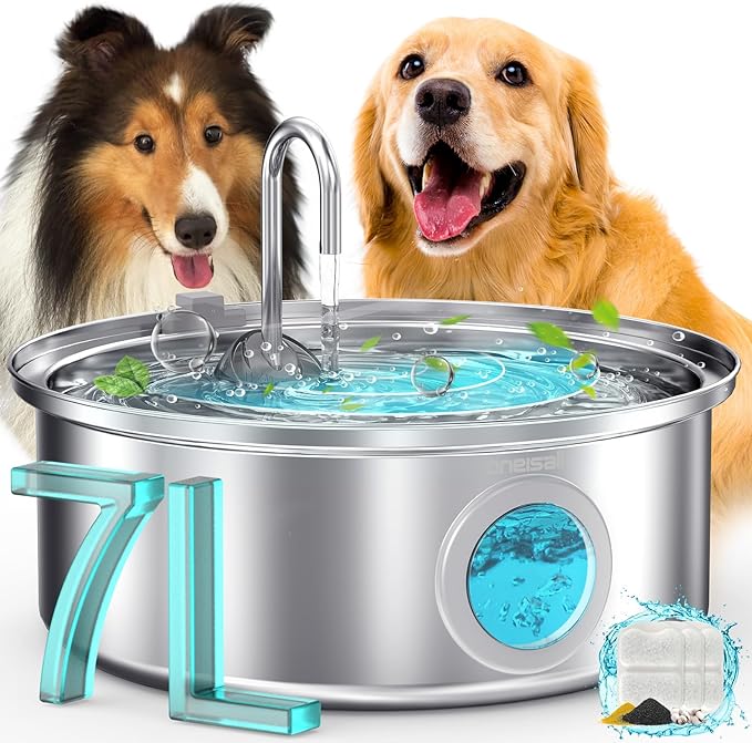 oneisall Dog Water Fountain, 7L/230oz/1.8G Quiet Dog Fountain Water Bowl, Stainless Steel Dog Water Fountain with Visual Water Level&Triple Filtration for Large Medium Small Breed Dogs Pets